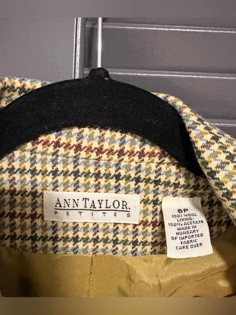 Vintage Ann Taylor Olive & Cream Houndstooth Wool Blazer - Picture 2 of 4